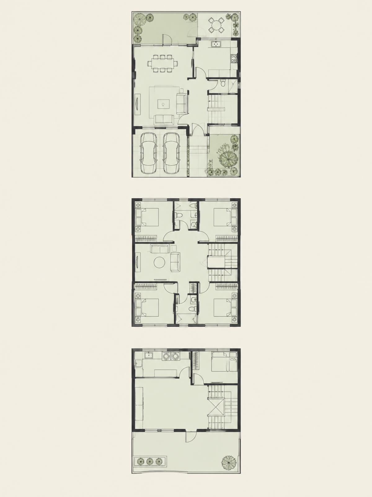 Plan de la villa V1 : rez-de-chaussée, premier étage et deuxième étage
